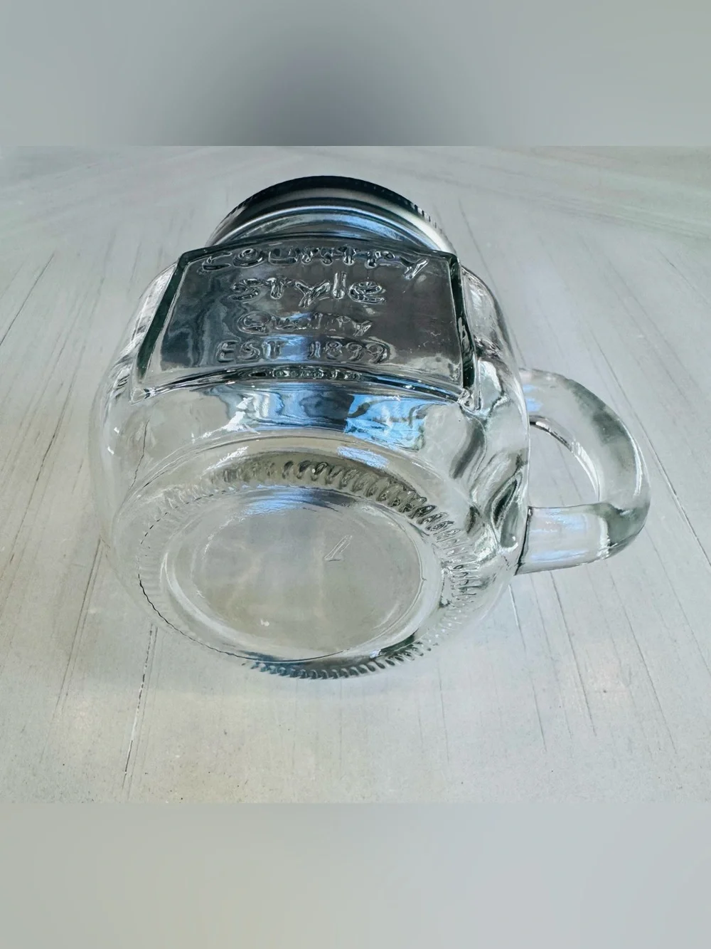 Country Style Mini Glass Mason Jar Mug w/ Handle & Silver Lid - 3.5” - Like New